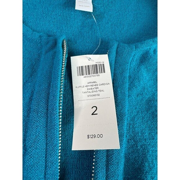 NWT Chico's Ruffle Hem Renee Cardigan Sweater Full Zip WOOL SZ 2 Teal Pockets - Picture 7 of 8